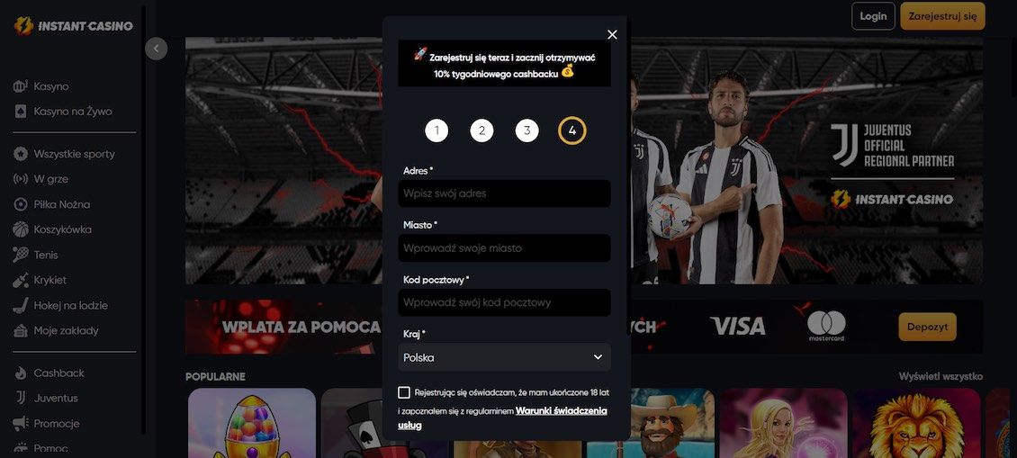 Rejestracja w Instant Casino - krok 5