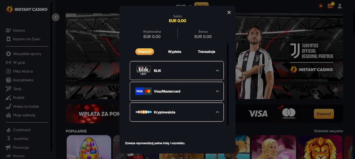 Rejestracja w Instant Casino - krok 6