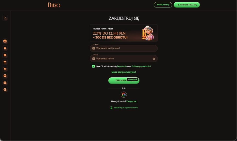 Rejestracja w kasynie Ritzo - krok 1